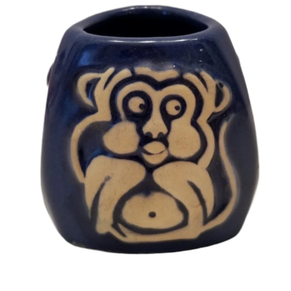 Vintage C.P.N.P. blue ceramic 3 wise monkeys hear speak, see, no evil vase cup